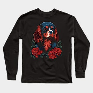 King Charles Spaniel with red roses illustration Long Sleeve T-Shirt